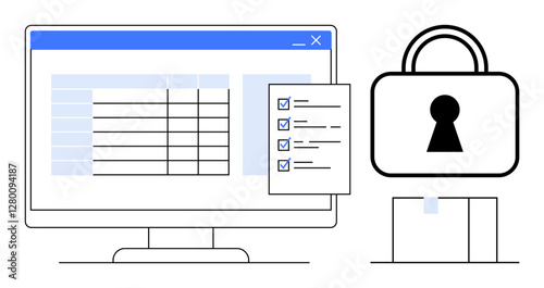 Computer screen displaying spreadsheet and checklist, alongside a secured padlock. Ideal for cybersecurity, data protection, IT security, compliance, privacy policies, secure transactions, online