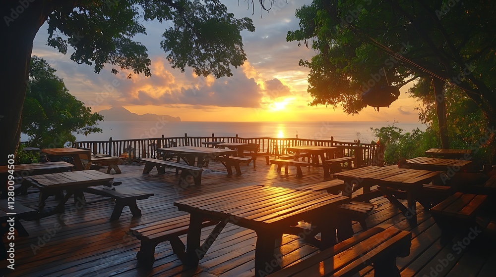 Fototapeta premium Sunrise cafe overlooking ocean, wooden tables, benches