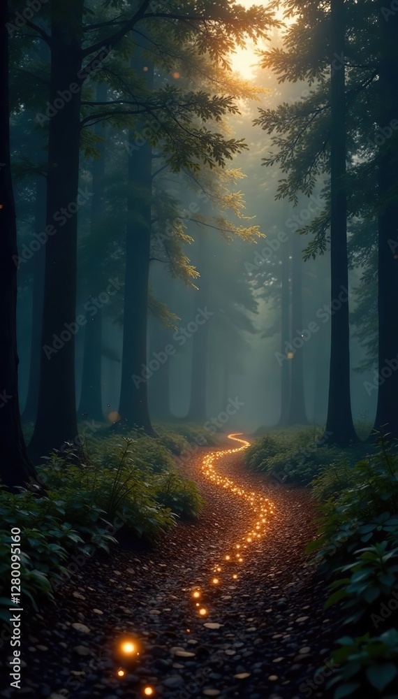 Obraz premium Sparkling gold lights amidst dark misty forest background, darkness, sparkle, shine