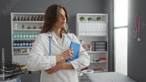 Wallpaper Mural Attractive woman doctor with brunette hair using tablet in modern hospital clinic room filled with medical supplies and equipment, showcasing professional indoor healthcare setting. Torontodigital.ca