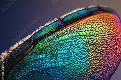 Extreme close-up of iridescent beetle elytra showcasing vibrant, textured surface details.
