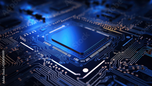 High tech microprocessor on circuit board with intricate patterns and blue lighting. This captures essence of modern technology and innovation