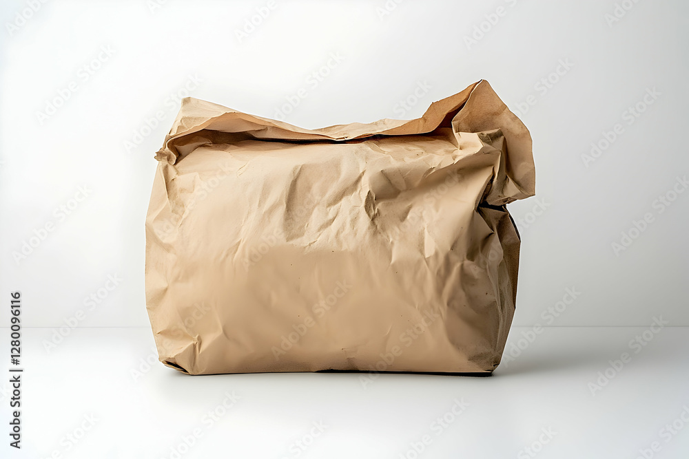 Obraz premium Minimalist studio shot of a full brown paper bag sitting on white surface