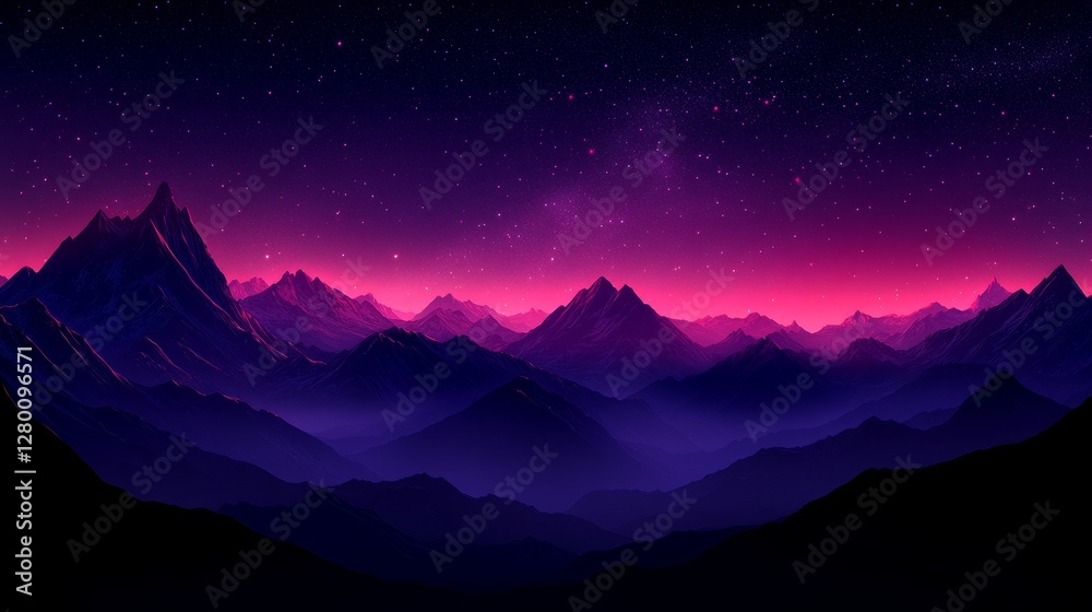 Mystical mountain range silhouette under a star-filled sky with nebulae displaying vibrant purple and magenta celestial glow scenery Mystical mountain range silhouette under a star-filled sky with nebulae displaying vibrant purple and magenta celestial glow scenery