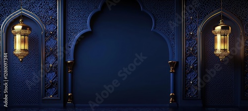 Ramadan Kareem banner template with golden elements and Islamic ornament frame on dark blue backdrop.