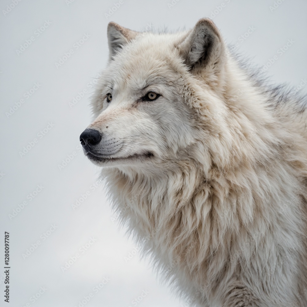 A fluffy Arctic wolf with fur that shifts between pastel shades, against a pure white background. A fluffy Arctic wolf with fur that shifts between pastel shades, against a pure white background.