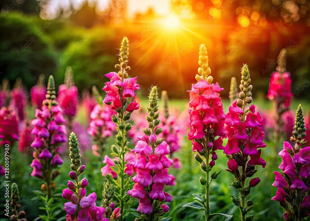 Obraz premium Pink-purple snapdragons bloom lush green, silhouetted against the sky in aerial drone photography.