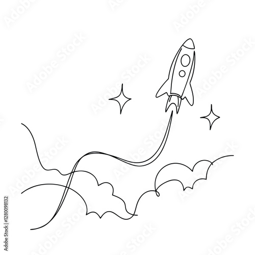 OneLine Rocket Launch Space, Stars, Clouds, Innovation, Journey