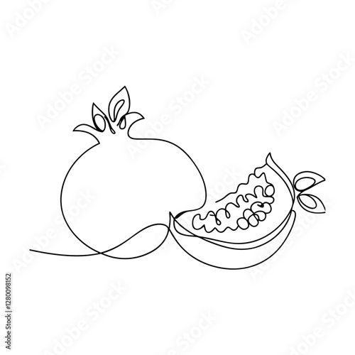 SingleLine Pomegranate Drawing Whole Fruit and Cut Section