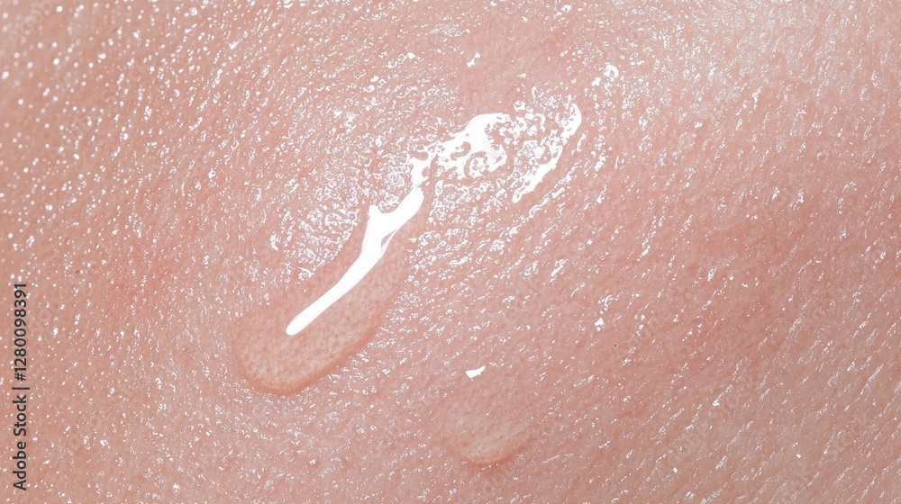 Fototapeta premium Water droplet and wet serum trail on clean human skin during a skincare routine.
