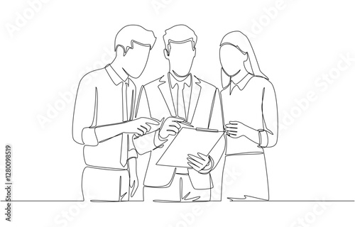 Continuous one line drawing of male employee asking colleagues for advice about work, work discussion at office concept, single line art