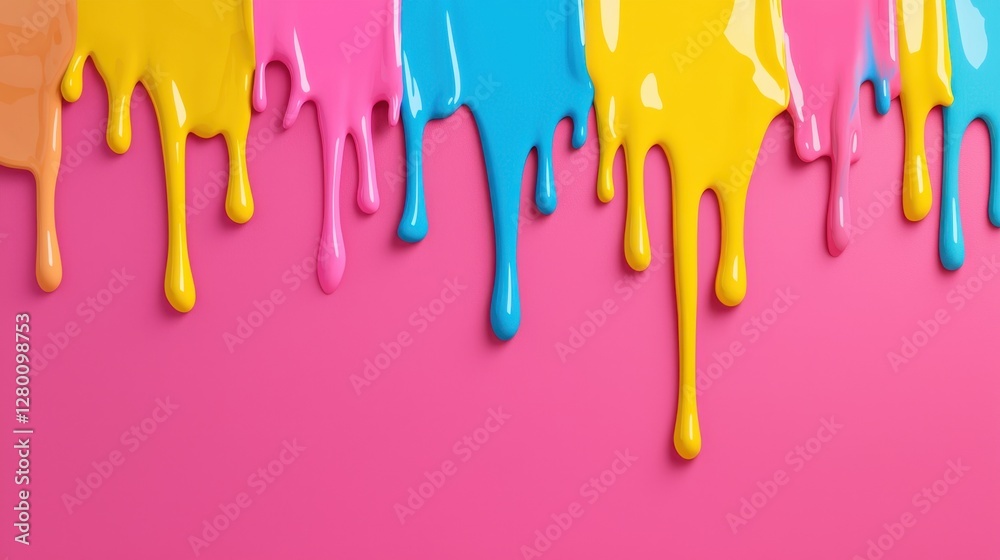 Vibrant Dripping Paint in Bright Colors on a Pink Background, Creative Abstract Art with Colorful Splashes and a Playful Aesthetic Vibrant Dripping Paint in Bright Colors on a Pink Background, Creative Abstract Art with Colorful Splashes and a Playful Aesthetic
