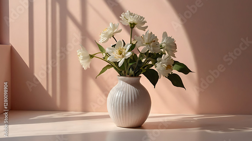 White flower and vase minimal summer or spring still life on pastel pink background. Sunlight, hard shadow. Wedding, party fashion concept

