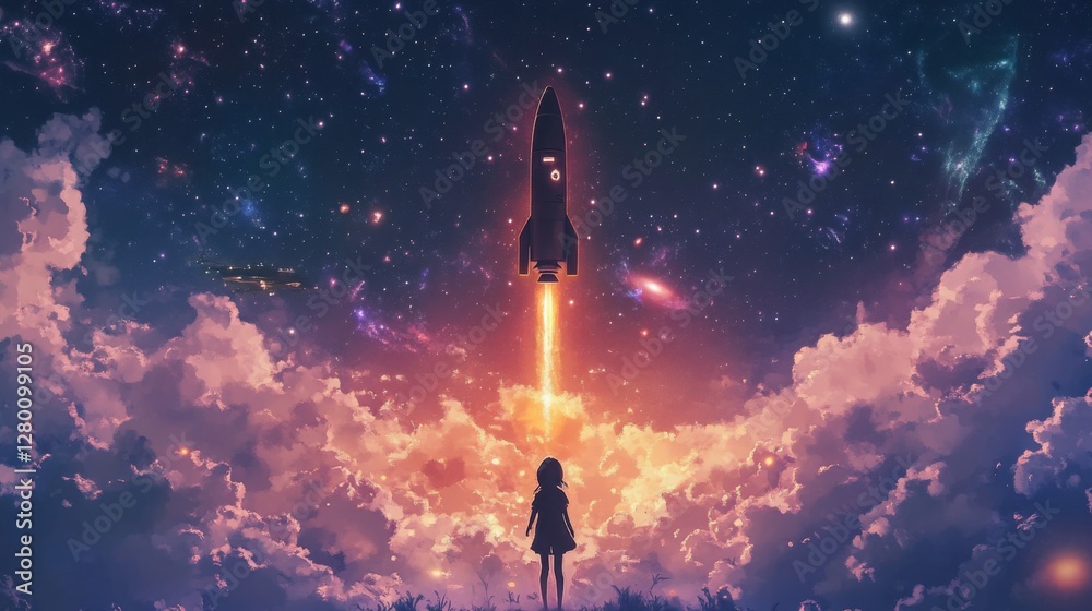 Fototapeta premium Child gazes at rocket launch against starry sky during twilight, evoking feelings of wonder and exploration