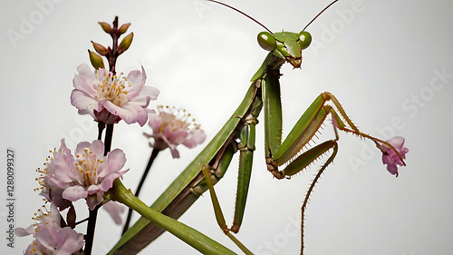 A praying mantis perched elegantly against a white background, creating a dramatic silhouette with delicate flowering branches.

