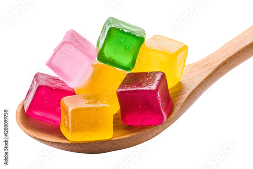 Colorful jelly cubes on a wooden spoon isolated on white background