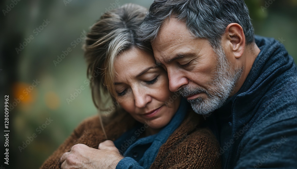 Couple embracing, autumn park, comfort, support, pensive Couple embracing, autumn park, comfort, support, pensive
