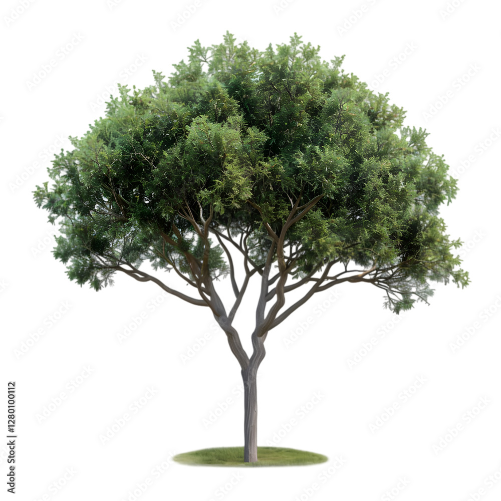 Fototapeta premium Lush green tree with a thick canopy standing on a grassy patch in a serene outdoor setting