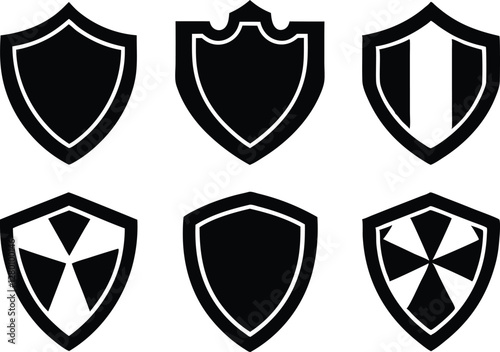 Shield icon set in vintage style. Protect shield security icon set. Shield badge quality symbol