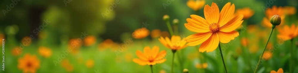 Orange cosmos flowers in a lush green garden setting , blossom, spring, vivid Orange cosmos flowers in a lush green garden setting , blossom, spring, vivid