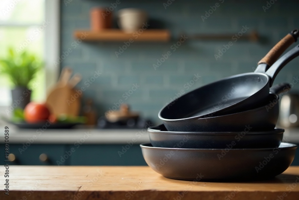 Stack of metal frying pans in the corner of kitchen, utensil, cooking Stack of metal frying pans in the corner of kitchen, utensil, cooking