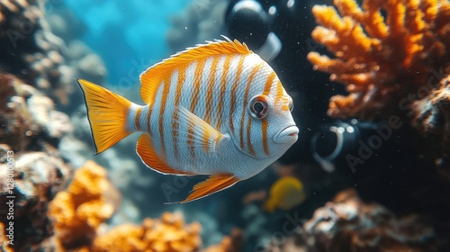 Tropical fish swims coral reef background ocean