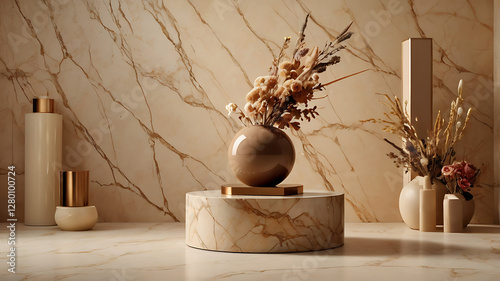 Luxury Brown stone marble pedestal Podium decoration with dried flower Over Beige Background. elegant backdrop product showcases and sophisticated designs for Skin care and cosmetic Exhibition .
