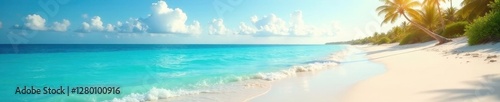 Azure water shimmers; soft sand reflects sunlight; distant palms , clear, sun, vacation