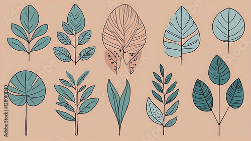 Minimalist abstract nature art shapes collection. Pastel color doodle bundle for fashion design, summer season or natural concept. Modern hand drawn plant leaf and tropical shape decoration set.
