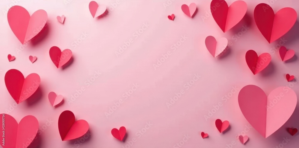 Soft pink backdrop adorned with overlapping paper hearts in varying shades of pink and red , background, gentle, handmade Soft pink backdrop adorned with overlapping paper hearts in varying shades of pink and red , background, gentle, handmade
