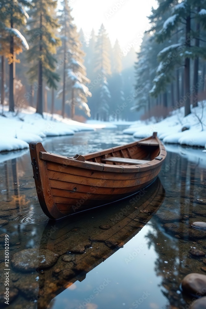 Obraz premium Wooden boat half-submerged in dry riverbed winter, ice, forest