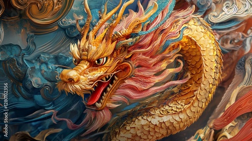 Golden Dragon Temple Carving, Asian Art, Mythical Creature