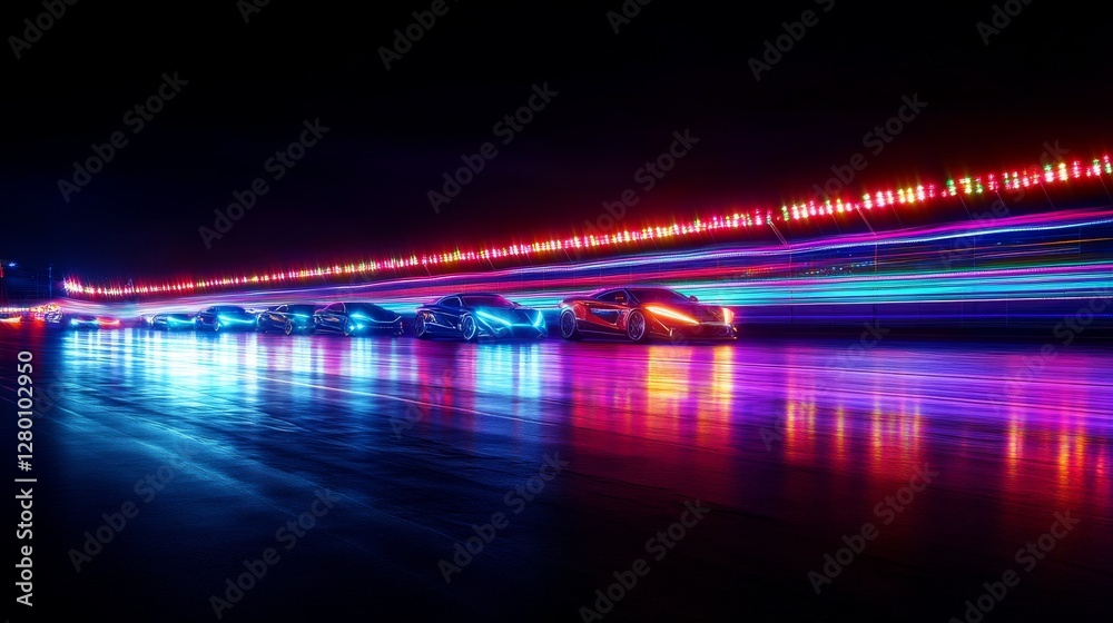 Fototapeta premium Drag racing cars illuminated by the glowing lights of a carnival in the distance. Featuring excitement and allure