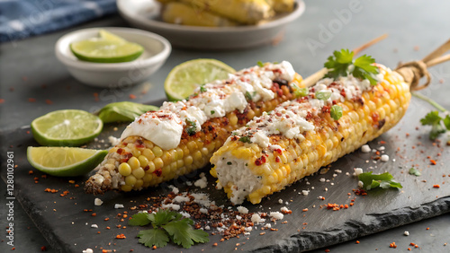 Grilled mexican street corn elotes with lime and cheese. photo