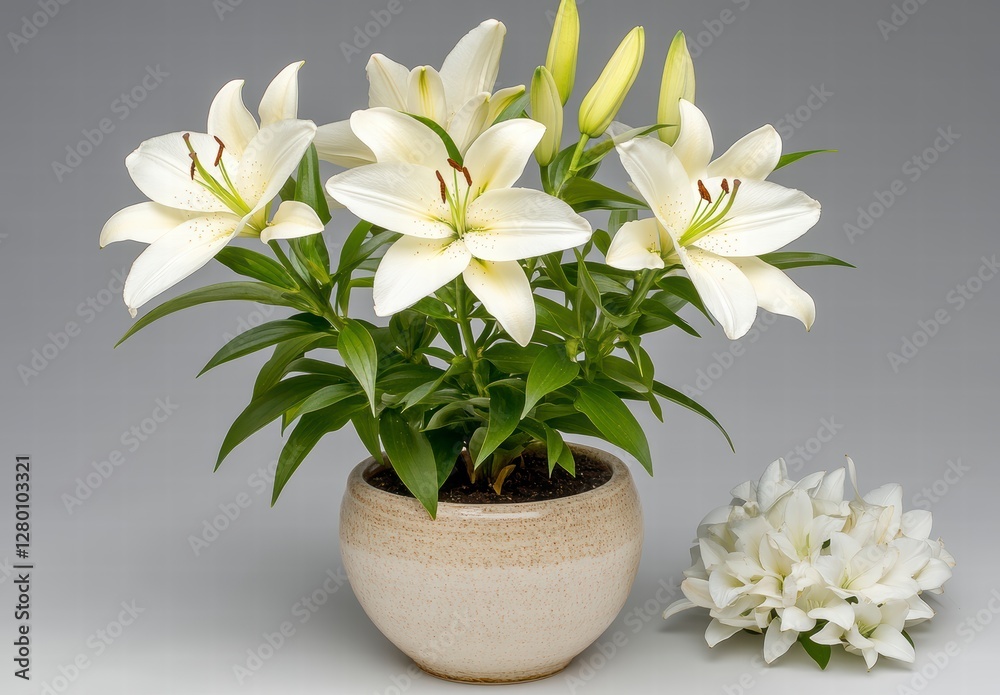 White Lilies in a Speckled Beige Pot Against a Gray Background