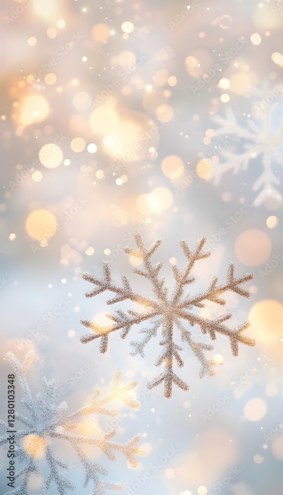 Beautiful snowflakes and bokeh lights create a wintery seasonal theme Beautiful snowflakes and bokeh lights create a wintery seasonal theme