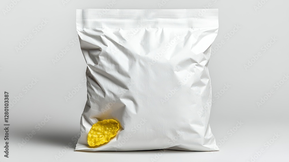 White Mailing Bag With Single Yellow Corn Chip On Light Gray