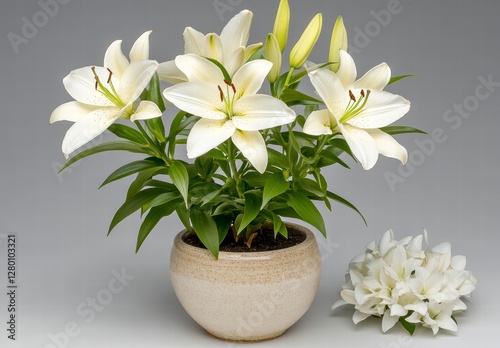 Obraz na płótnie White Lilies in a Speckled Beige Pot Against a Gray Background w salonie