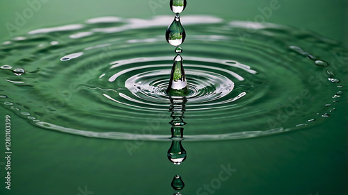 A water drop falling into calm water creating ripples and reflections on a green surface
