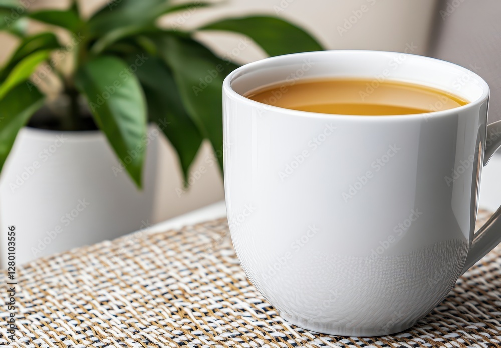 White Mug of Tea with Green Plant on Textured Placemat