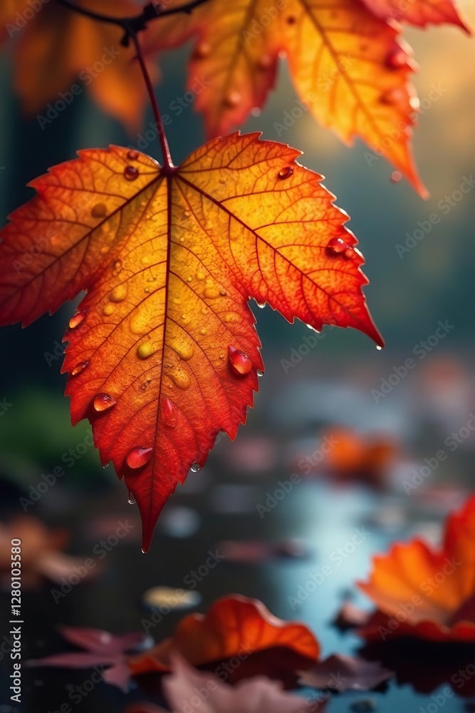 Water droplets suspended on the surface of autumn leaves, autumn, water, suspension Water droplets suspended on the surface of autumn leaves, autumn, water, suspension