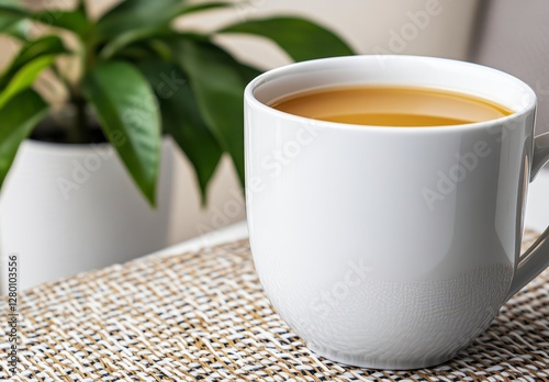 Obraz na płótnie White Mug of Tea with Green Plant on Textured Placemat w salonie
