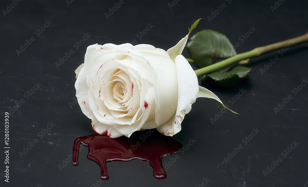 White Rose With Red Droplets On Dark Background