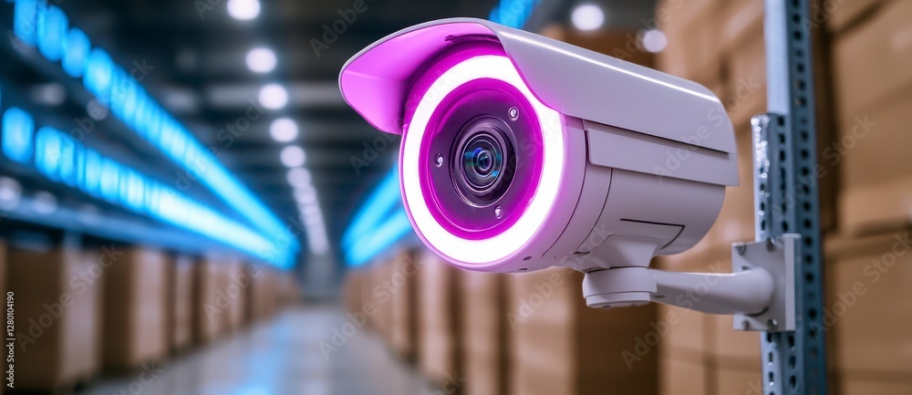 White Security Camera with Purple Light in Modern Warehouse