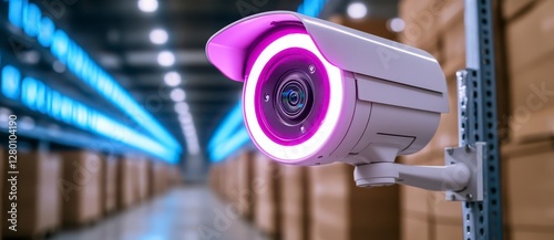 Obraz na płótnie White Security Camera with Purple Light in Modern Warehouse w salonie