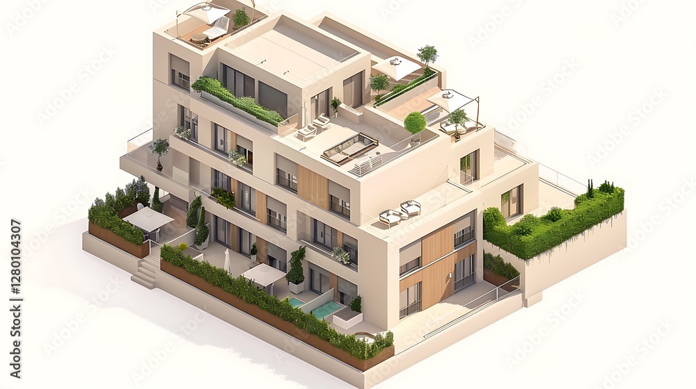 Isometric Modern Italian Vector Image of a luxury Italian penthouse with rooftop garden Isometric Modern Italian Vector Image of a luxury Italian penthouse with rooftop garden