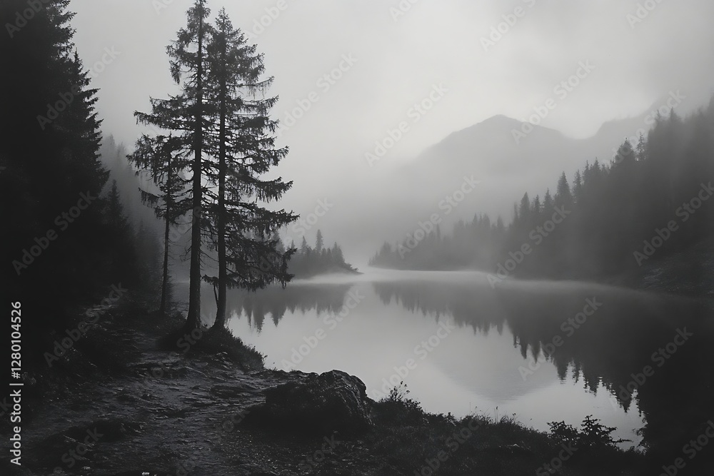 Fototapeta premium Misty mountain lake, trees, tranquil scene