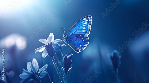 Vibrant Blue Butterfly Perched on Delicate White Flower in Nature