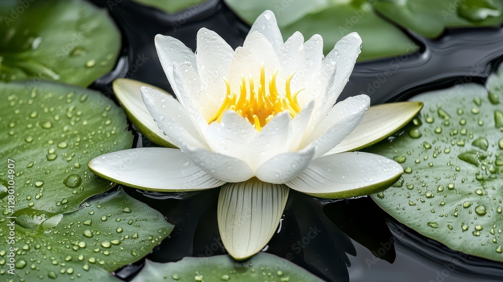White Water Lily with Dew Drops on Green Lily Pads