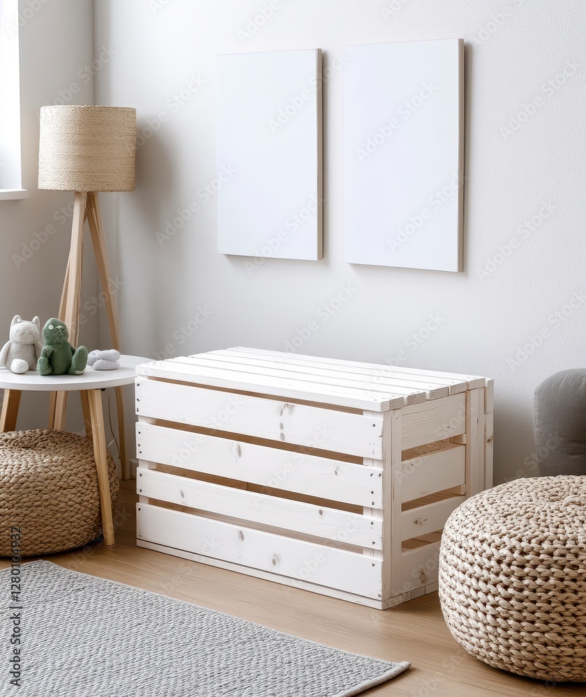White Wooden Crate Toy Chest in a Child's Room with Neutral Decor